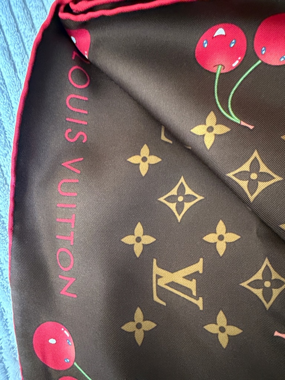 Louis Vuitton Brown Monogram Cherry Silk Scarf - Red Accents - Picture 8 of 8